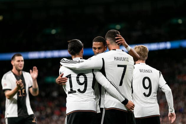 Mandatory Credit: Photo by Juan Gasparini JMP Shutterstock (13421987bz) Kai Havertz of Germany celebrates with his teammates after scoring his side second goal England v Germany, UK - 26 Sep 2022 Editorial use only England v Germany, UK - 26 Sep 2022 Editorial use only  Copyright: xJuanxGasparini JMP Shutterstockx 13421987bz