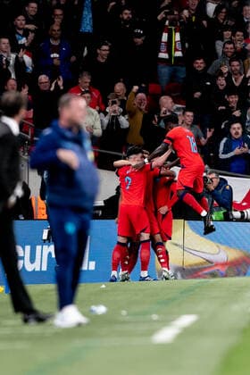 Mandatory Credit: Photo by Juan Gasparini JMP Shutterstock (13421987cr) Harry Kane of England celebrates with his teammates after scoring a goal England v Germany, UK - 26 Sep 2022 Editorial use only England v Germany, UK - 26 Sep 2022 Editorial use only  Copyright: xJuanxGasparini JMP Shutterstockx 13421987cr
