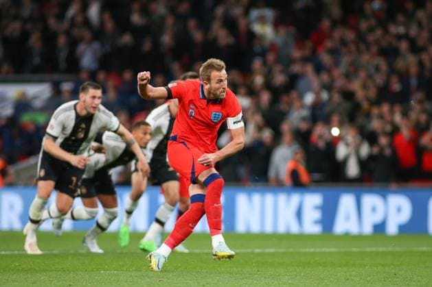 London, England, Monday 26th Sep 2022 Harry Kane (9 England) watches the his strike go in to put England in front in the second half during the UEFA Nations League Group 3 game between England and Germany at Wembley Stadium in London, England (Sports Press Photo SPP) Copyright: xSportsxPressxPhotoxSPPx spp-en-SpPrPhSp-England v Germany-27