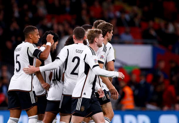 England v Germany UEFA Nations League Kai Havertz is swamped by his team-mates after scoring Germanys third goal during the UEFA Nations League Group C match at Wembley Stadium, London Content Not Available For UK Newspapers Copyright: xPaulxChestertonx FIL-17392-0166 UK Newspapers OUT