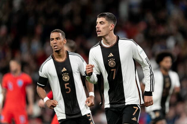 Mandatory Credit: Photo by Juan Gasparini JMP Shutterstock (13421987cs) Kai Havertz of Germany celebrates after scoring his side third goal England v Germany, UK - 26 Sep 2022 Editorial use only England v Germany, UK - 26 Sep 2022 Editorial use only  Copyright: xJuanxGasparini JMP Shutterstockx 13421987cs