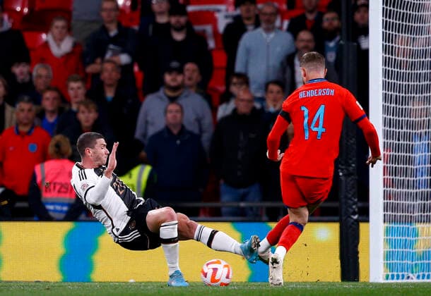 England v Germany UEFA Nations League Jordan Henderson of England is tackled by Nico Schlotterbeck of Germany during the UEFA Nations League Group C match at Wembley Stadium, London Content Not Available For UK Newspapers Copyright: xPaulxChestertonx FIL-17392-0171 UK Newspapers OUT