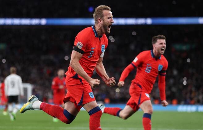Mandatory Credit: Photo by JASONPIX Shutterstock (13422306a) Harry Kane of England celebrates after he scores from the penalty spot to put England 3-2 up England v Germany, UEFA Nationals League, Group A3. Football, Wembley Stadium. UK. 26 SEP 2022 Editorial use only England v Germany, UEFA Nationals League, Group A3. Football, Wembley Stadium. UK. 26 SEP 2022 Editorial use only  Copyright: xJASONPIX Shutterstockx 13422306a