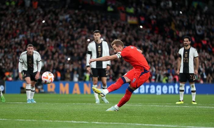 Mandatory Credit: Photo by JASONPIX Shutterstock (13422306u) Harry Kane of England scores from the penalty spot to put England 3-2 up England v Germany, UEFA Nationals League, Group A3. Football, Wembley Stadium. UK. 26 SEP 2022 Editorial use only England v Germany, UEFA Nationals League, Group A3. Football, Wembley Stadium. UK. 26 SEP 2022 Editorial use only  Copyright: xJASONPIX Shutterstockx 13422306u