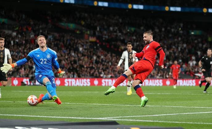 Mandatory Credit: Photo by JASONPIX Shutterstock (13422306v) Luke Shaw of England scores a goal to make it 1-2 to Germany England v Germany, UEFA Nationals League, Group A3. Football, Wembley Stadium. UK. 26 SEP 2022 Editorial use only England v Germany, UEFA Nationals League, Group A3. Football, Wembley Stadium. UK. 26 SEP 2022 Editorial use only  Copyright: xJASONPIX Shutterstockx 13422306v