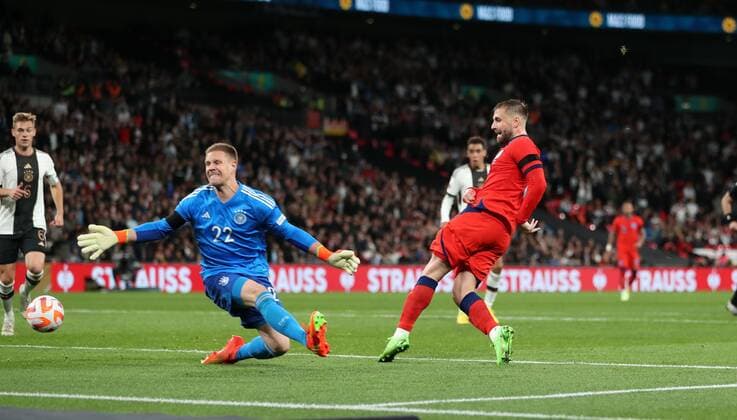 Mandatory Credit: Photo by JASONPIX Shutterstock (13422306x) Luke Shaw of England scores a goal to make it 1-2 to Germany England v Germany, UEFA Nationals League, Group A3. Football, Wembley Stadium. UK. 26 SEP 2022 Editorial use only England v Germany, UEFA Nationals League, Group A3. Football, Wembley Stadium. UK. 26 SEP 2022 Editorial use only  Copyright: xJASONPIX Shutterstockx 13422306x