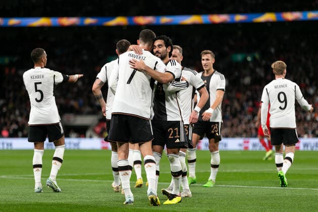 Mandatory Credit: Photo by Juan Gasparini JMP Shutterstock (13421987dm) Kai Havertz of Germany celebrate Ilkay Gundogan of Germany with his teammates after scoring a goal England v Germany, UK - 26 Sep 2022 Editorial use only England v Germany, UK - 26 Sep 2022 Editorial use only  Copyright: xJuanxGasparini JMP Shutterstockx 13421987dm