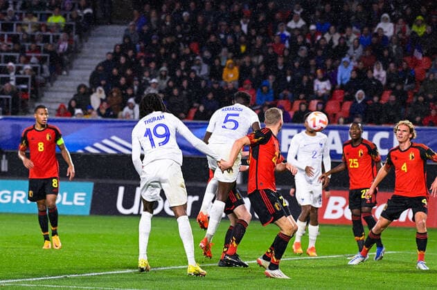But de Tanguy Kouassi ( 5 - France ) - FOOTBALL : France vs Belgique - Valenciennes - Amical Espoirs - 26 09 2022 FedericoPestellini Panoramic 