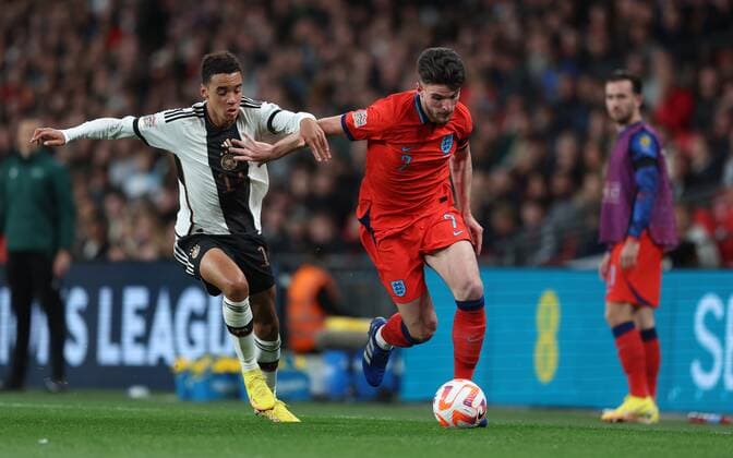Mandatory Credit: Photo by JASONPIX Shutterstock (13422306bl) Declan Rice of England with Jamal Musiala of Germany England v Germany, UEFA Nationals League, Group A3. Football, Wembley Stadium. UK. 26 SEP 2022 Editorial use only England v Germany, UEFA Nationals League, Group A3. Football, Wembley Stadium. UK. 26 SEP 2022 Editorial use only  Copyright: xJASONPIX Shutterstockx 13422306bl