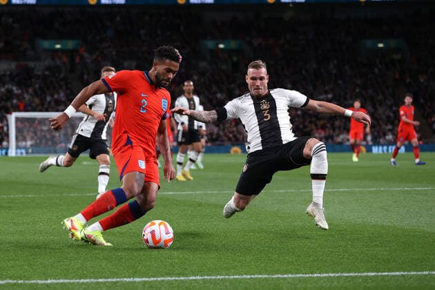 Reece James (England) David Raum (Germany) at the England v Germany UEFA Nations League Group A3 match at Wembley Stadium, London, UK on 26th September 2022. 