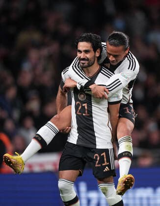 Ilkay Gundogan (Manchester City) of Germany celebrates scoring the first goal with Leroy Sane (Bayern Munich) of Germany during the Nations League international match, L?nderspiel, Nationalmannschaft between England and Germany at Wembley Stadium, London, England on 26 September 2022. Copyright: xAndyxRowlandx PMI-5191-0003