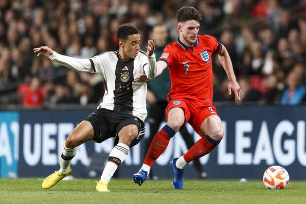 Jamal Musiala of Germany and Declan Rice of England during the UEFA Nations League Group C match between England and Germany at Wembley Stadium Where: London, United Kingdom When: 26 Sep 2022 Credit: Daniel phcimages Cover Images **NOT AVAILABLE FOR PUBLICATION IN UK NEWSPAPERS** Copyright: xDaniel phcimages CoverxImagesx 52016347 EDITORIAL USE ONLY. RESTRICTED TO NEWSPAPERS BASED IN THE UK