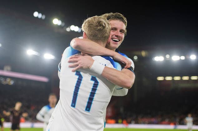England Under 21 v Germany U21, U 21 International Friendly, Länderspiel, Nationalmannschaft Conor Gallagher of England U21 (right) celebrates after scoring his team s 2nd goal to make it 2-1 during the International Friendly match at Bramall Lane, Sheffield Content Not Available For UK Newspapers Copyright: xRussellxHartx FIL-17393-0015 UK Newspapers OUT