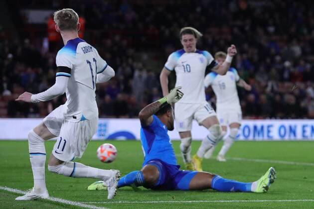 Mandatory Credit: Photo by Kieran Riley JMP Shutterstock (13424664k) Anthony Gordon of England U21, U 21 passes the ball to Conor Gallagher of England U21 who scores a goal to make it 2-1 England U21 v Germany U21, UK - 27 Sep 2022 Editorial use only England U21 v Germany U21, UK - 27 Sep 2022 Editorial use only  Copyright: xKieranxRiley JMP Shutterstockx 13424664k