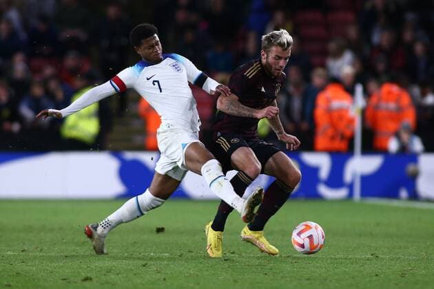 Mandatory Credit: Photo by Kieran Riley JMP Shutterstock (13424664l) Rhian Brewster of England U21, U 21 tackles Jordan Beyer of Germany U21 England U21 v Germany U21, UK - 27 Sep 2022 Editorial use only England U21 v Germany U21, UK - 27 Sep 2022 Editorial use only  Copyright: xKieranxRiley JMP Shutterstockx 13424664l