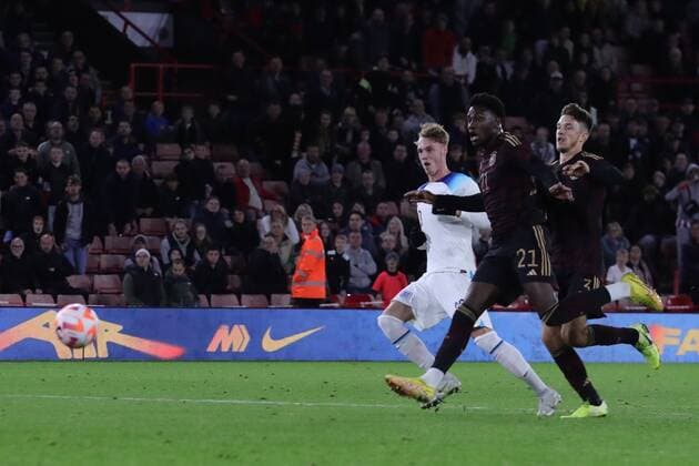 Mandatory Credit: Photo by Kieran Riley JMP Shutterstock (13424664n) Cole Palmer of England U21, U 21 scores a goal to make it 3-1 England U21 v Germany U21, UK - 27 Sep 2022 Editorial use only England U21 v Germany U21, UK - 27 Sep 2022 Editorial use only  Copyright: xKieranxRiley JMP Shutterstockx 13424664n