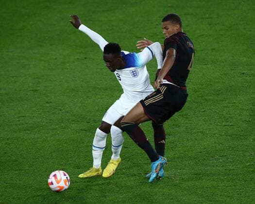Mandatory Credit: Photo by Kieran Riley JMP Shutterstock (13424664s) Folarin Balogun of England U21, U 21 battle for possession with Malick Thiaw of Germany U21 England U21 v Germany U21, UK - 27 Sep 2022 Editorial use only England U21 v Germany U21, UK - 27 Sep 2022 Editorial use only  Copyright: xKieranxRiley JMP Shutterstockx 13424664s