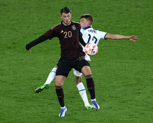 Mandatory Credit: Photo by Kieran Riley JMP Shutterstock (13424664af) Lazar Samardzic of Germany U21, U 21 battles for possession with Luke Thomas of England U21 England U21 v Germany U21, UK - 27 Sep 2022 Editorial use only England U21 v Germany U21, UK - 27 Sep 2022 Editorial use only  Copyright: xKieranxRiley JMP Shutterstockx 13424664af