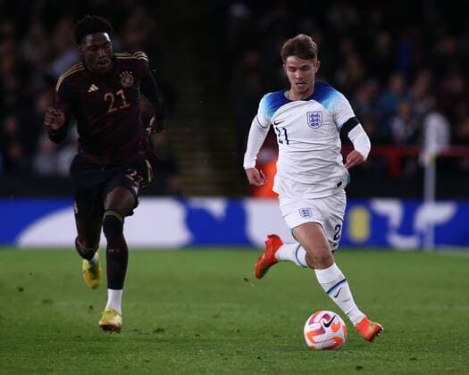 Mandatory Credit: Photo by Kieran Riley JMP Shutterstock (13424664ar) James McAtee of England U21, U 21 pictured with the ball England U21 v Germany U21, UK - 27 Sep 2022 Editorial use only England U21 v Germany U21, UK - 27 Sep 2022 Editorial use only  Copyright: xKieranxRiley JMP Shutterstockx 13424664ar