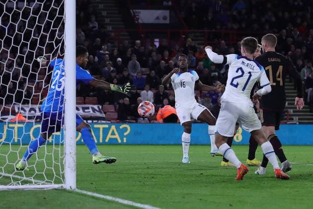 Mandatory Credit: Photo by Kieran Riley JMP Shutterstock (13424664at) Luke Mbete of England U21, U 21 heads on goal England U21 v Germany U21, UK - 27 Sep 2022 Editorial use only England U21 v Germany U21, UK - 27 Sep 2022 Editorial use only  Copyright: xKieranxRiley JMP Shutterstockx 13424664at