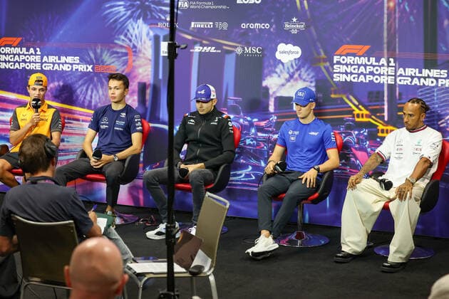 NORRIS Lando (gbr), McLaren F1 Team MCL36, ALBON Alexander (tha), Williams Racing FW44, OCON Esteban (fra), Alpine F1 Team A522, SCHUMACHER Mick (ger), Haas F1 Team VF-22 Ferrari, HAMILTON Lewis (gbr), Mercedes AMG F1 Team W13, portrait, press conference, PK, Pressekonferenz during the Formula 1 Singapore Airlines Singapore Grand Prix 2022, 17th round of the 2022 FIA Formula One World Championship, WM, Weltmeisterschaft from September 30 to October 02, 2022 on the Marina Bay Street Circuit, in Singapore - F1 - SINGAPORE GRAND PRIX 2022 DPPI Panoramic GOOD9783