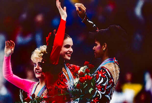 Olympics Figure skating, Eiskunstlauf Katarina Witt (GDR) Gold medalist and Olympic Champion with Elizabeth Manley (CAN)-L- silver medalist and bronze medalist Debi Thomas (USA) in the Ladies Figure Skating at the 1988 Olympic Winter games, Winterspiele,Spiele, Summer games Calgary, Alberta Olympic Saddledome Canada Copyright: xPaulxJxSutton Duomo PCNx FG0101 011324