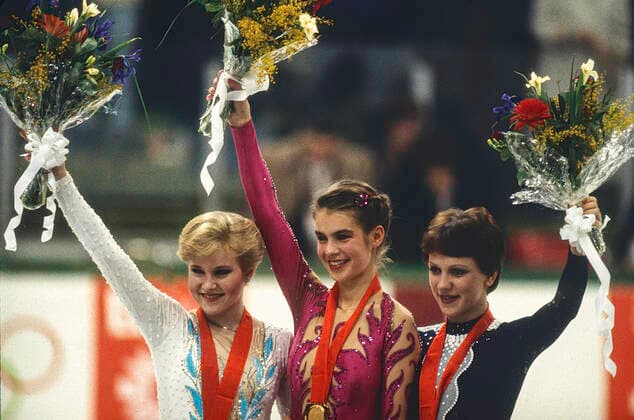 Olympics Figure skating, Eiskunstlauf L-R Rosalynn Sumners (USA),Katarina Witt (GDR), Kira Ivanova (URS) Figure Skating Ladies singles medalist at the 1984 Olympic Winter games, Winterspiele,Spiele, Summer games Sarajevo Zetra Olympic Hall Yugoslavia Copyright: xStevenxE.xSutton DUOMO PCNx FG1602 84000
