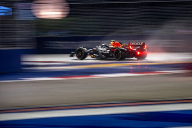MARINA BAY, SINGAPORE: Sergio Perez, racing for the Red Bull Racing team during the 2022 Formula 1 Singapore Grand Prix at the Marina Bay Street Circuit in Marina Bay, Singapore.