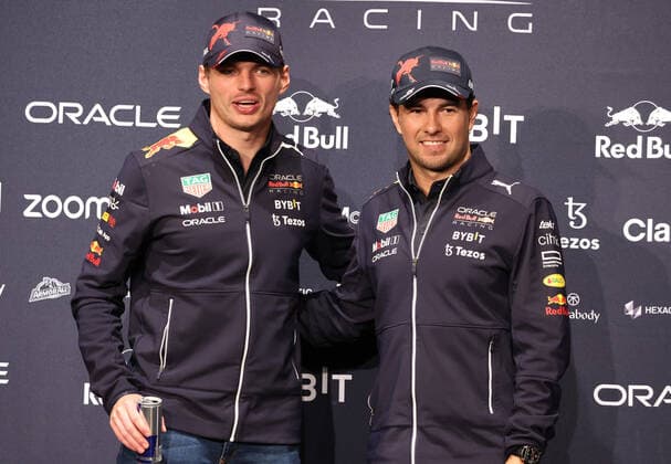 October 5, 2022, Tokyo, Japan - Red Bull Racing Formula-1 drivers Max Verstappen (L) of Netherlands and Sergio Perez (R) of Mexico pose for photo at a press conference, PK, Pressekonferenz in Tokyo on Wednesday, October 5, 2022. Formula-1 Japan Grand Prix will be held at the Suzuka circuit on October 9. Noxthirdxpartyxsales  (200425845)
