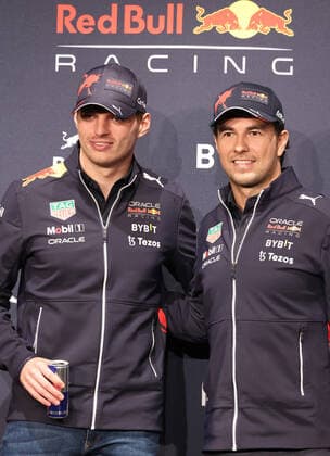 October 5, 2022, Tokyo, Japan - Red Bull Racing Formula-1 drivers Max Verstappen (L) of Netherlands and Sergio Perez (R) of Mexico pose for photo at a press conference, PK, Pressekonferenz in Tokyo on Wednesday, October 5, 2022. Formula-1 Japan Grand Prix will be held at the Suzuka circuit on October 9. Noxthirdxpartyxsales  (200425847)