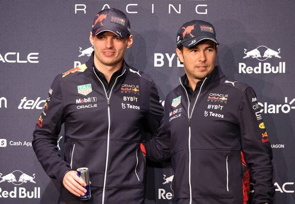 October 5, 2022, Tokyo, Japan - Red Bull Racing Formula-1 drivers Max Verstappen (L) of Netherlands and Sergio Perez (R) of Mexico pose for photo at a press conference, PK, Pressekonferenz in Tokyo on Wednesday, October 5, 2022. Formula-1 Japan Grand Prix will be held at the Suzuka circuit on October 9. Noxthirdxpartyxsales  (200425849)