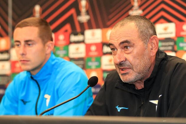 SOCCER - UEFA EL, Sturm vs Lazio, preview GRAZ,AUSTRIA,05.OCT.22 - SOCCER - UEFA Europa League, SK Sturm Graz vs SS Lazio Roma, preview, press conference, PK, Pressekonferenz Lazio. Image shows Adam Marusic and head coach Maurizio Sarri (Lazio).  GEPAxpictures xMarioxBuehner