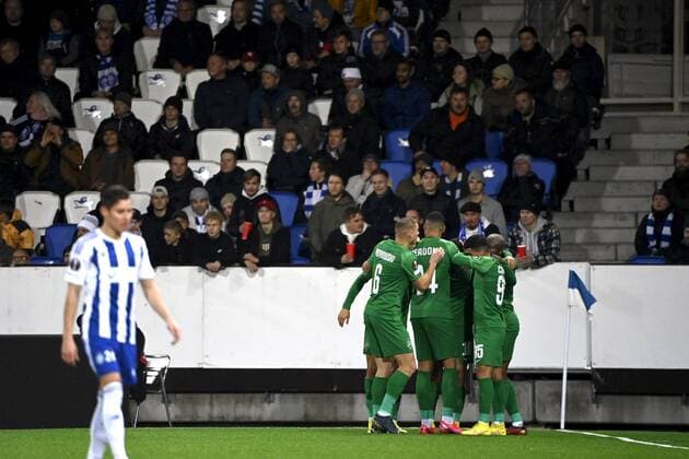 Players of Ludogorets celebrate team s opening goal by Matias Tissera during the UEFA Europa League Group C first leg football match HJK Helsinki vs PFC Ludogorets Razgrad in Helsinki, Finland on October 6, 2022. Helsinki Finland LKFTJK20221006195623REYA  Copyright: xEmmixKorhonenx LKFTJK20221006195623REYA