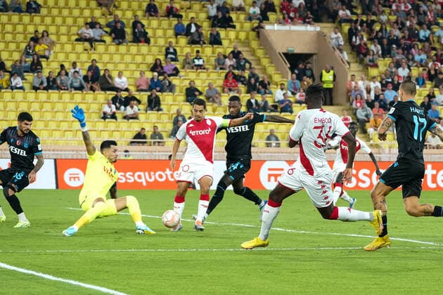But - Wissam Ben Yedder (AS Monaco) - Ugurcan Cakir (Trabzonspor) FOOTBALL : AS Monaco vs Trabzonspor - Ligue Europa - Phase de groupe - Monaco - 06 10 2022 NorbertScanella Panoramic 