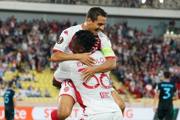 Joie - Wissam Ben Yedder (AS Monaco) - Breel Embolo (AS Monaco) FOOTBALL : AS Monaco vs Trabzonspor - Ligue Europa - Phase de groupe - Monaco - 06 10 2022 NorbertScanella Panoramic 