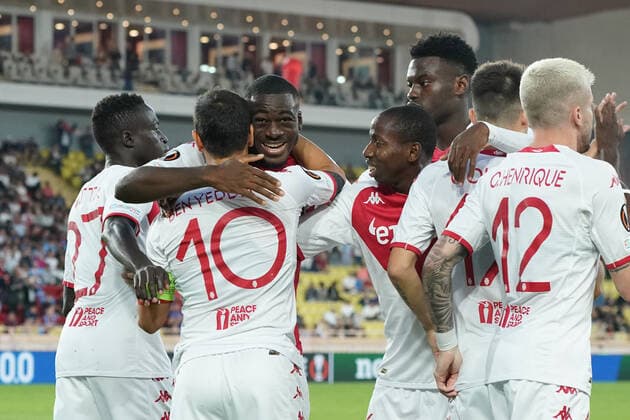 Joie - Wissam Ben Yedder (AS Monaco) - Youssouf Fofana (AS Monaco) - Mohamed Camara (AS Monaco) FOOTBALL : AS Monaco vs Trabzonspor - Ligue Europa - Phase de groupe - Monaco - 06 10 2022 NorbertScanella Panoramic 