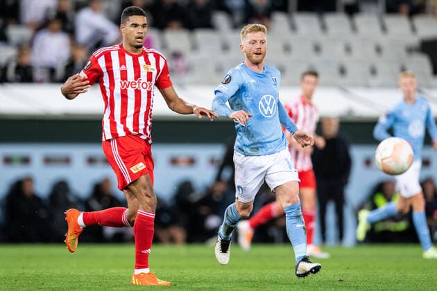 221006 Danilho Doekhi of Union Berlin and Anders Christiansen of Malmö FF during the UEFA Europa League match between Malmö FF and Union Berlin on October 6, 2022 in Malmö. Photo: Petter Arvidson BILDBYRAN kod PA PA0409 fotboll football soccer fotball uefa europa league malmö ff union berlin bbeng Copyright: PETTERxARVIDSON BB221006PA063