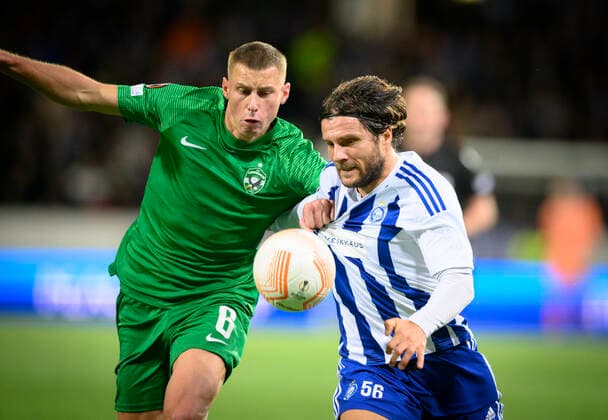 Jakub Piotrowski 6 of Ludogorets and Perparim Hetemaj 56 of HJK during the UEFA Europa League football Group C match between HJK Helsinki - Ludogoretss at the Bolt Arena on October 10. 2022 in Helsinki, Finland. (Jussi Eskola Newspix24)  Copyright: xJussixEskolax NP24_02022153