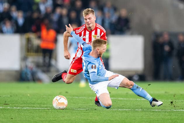 221006 Anders Christiansen of Malmö FF and Andras Schäfer of Union Berlin during the UEFA Europa League match between Malmö FF and Union Berlin on October 6, 2022 in Malmö. Photo: Petter Arvidson BILDBYRAN kod PA PA0409 fotboll football soccer fotball uefa europa league malmö ff union berlin bbeng Copyright: PETTERxARVIDSON BB221006PA076