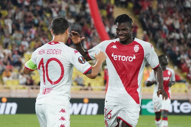 Joie - Wissam Ben Yedder (AS Monaco) - Breel Embolo (AS Monaco) FOOTBALL : AS Monaco vs Trabzonspor - Ligue Europa - Phase de groupe - Monaco - 06 10 2022 NorbertScanella Panoramic 