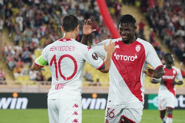 Joie - Wissam Ben Yedder (AS Monaco) - Breel Embolo (AS Monaco) FOOTBALL : AS Monaco vs Trabzonspor - Ligue Europa - Phase de groupe - Monaco - 06 10 2022 NorbertScanella Panoramic 