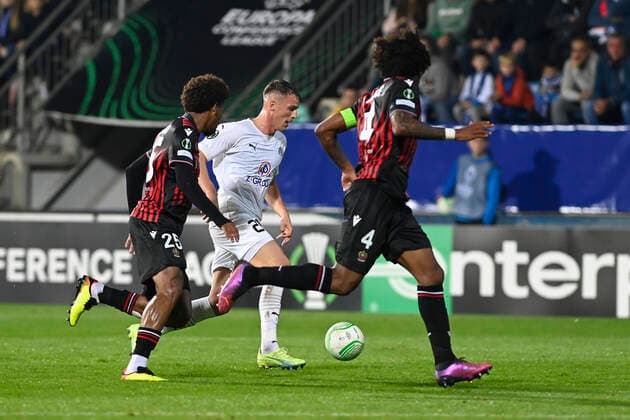 Jean-Clair Todibo of Nice, left, and Ondrej Sasinka Slovacko in action during the UEFA Conference League, 3rd round, Group D match 1. FC Slovacko vs OGC Nice in Uherske Hradiste, Czech Republic, October 6, 2022. (CTKxPhoto DaliborxGluck) CTKPhotoP2022100609170  dg002A