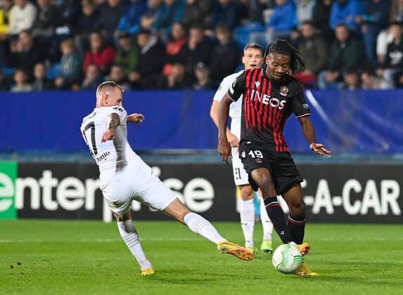 Ondrej Mihalik of Slovacko, left, and Khephren Thuram of Nice in action during the UEFA Conference League, 3rd round, Group D match 1. FC Slovacko vs OGC Nice in Uherske Hradiste, Czech Republic, October 6, 2022. (CTKxPhoto DaliborxGluck) CTKPhotoP2022100609172  dg001B