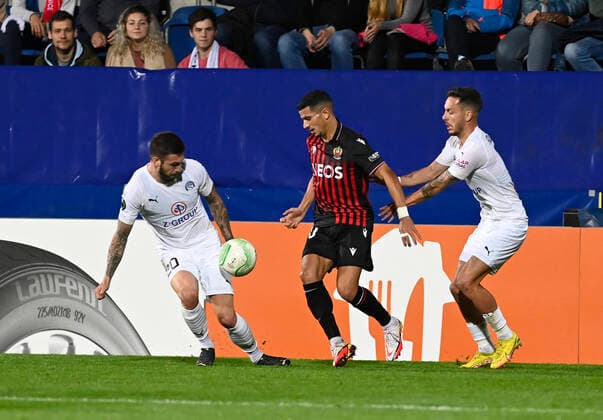 (L-R) Marek Havlik of Slovacko, Youcef Atal of Nice and Daniel Holzer of Slovacko in action during the UEFA Conference League, 3rd round, Group D match 1. FC Slovacko vs OGC Nice in Uherske Hradiste, Czech Republic, October 6, 2022. (CTKxPhoto DaliborxGluck) CTKPhotoP2022100609179  dg004A