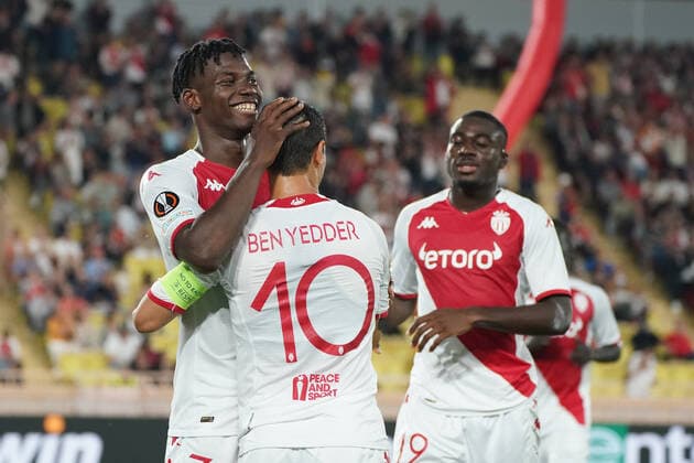 Joie - Wissam Ben Yedder (AS Monaco) - Breel Embolo (AS Monaco) FOOTBALL : AS Monaco vs Trabzonspor - Ligue Europa - Phase de groupe - Monaco - 06 10 2022 NorbertScanella Panoramic 