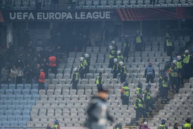 221006 Police in the stands during the UEFA Europa League match between Malmö FF and Union Berlin on October 6, 2022 in Malmö. Photo: Petter Arvidson BILDBYRAN kod PA PA0409 fotboll football soccer fotball uefa europa league malmö ff union berlin bbeng publik Copyright: PETTERxARVIDSON BB221006PA103