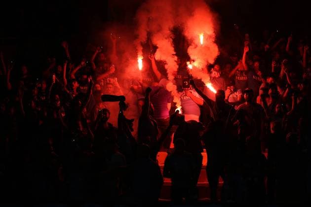 Monaco, Monaco, 6th October 2022. Trabzonspor fans light flares during the UEFA Europa League match at Stade Louis II, Monaco. Picture credit should read: Jonathan Moscrop Sportimage EDITORIAL USE ONLY. No use with unauthorised audio, video, data, fixture lists, club league logos or live services. Online in-match use limited to 120 images, no video emulation. No use in betting, games or single club league player publications. SPI-1903-0010