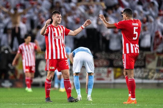 221006 Robin Knoche and Danilho Doekhi of Union Berlin celebrate after the UEFA Europa League match between Malmö FF and Union Berlin on October 6, 2022 in Malmö. Photo: Petter Arvidson BILDBYRAN kod PA PA0409 fotboll football soccer fotball uefa europa league malmö ff union berlin bbeng jubel Copyright: PETTERxARVIDSON BB221006PA157
