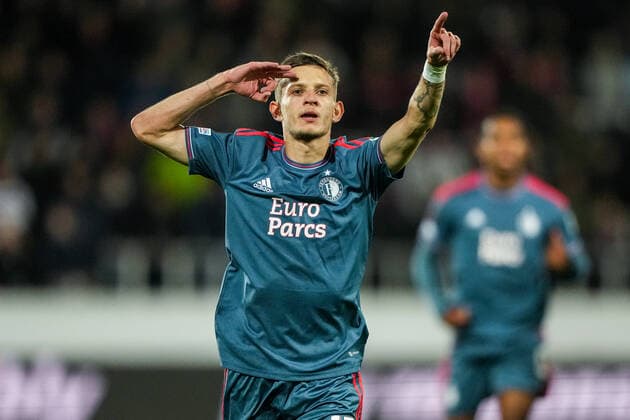 UEFA Europa League: FC Midtjylland v Feyenoord Herning - Sebastian Szymanski of Feyenoord scores the 0-1 during the match between FC Midtjylland v Feyenoord at MCH Arena on 6 October 2022 in Herning, Denmark. Copyright: xTomxBodex