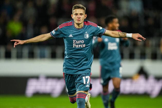 UEFA Europa League: FC Midtjylland v Feyenoord Herning - Sebastian Szymanski of Feyenoord celebrates the 0-1 during the match between FC Midtjylland v Feyenoord at MCH Arena on 6 October 2022 in Herning, Denmark. Copyright: xTomxBodex